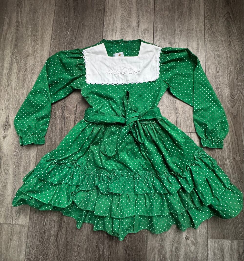 Vintage Disney Winnie the Pooh Green Polka Dot Ruffle Prairie Dress 6X USA
